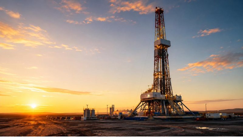 Land drilling rig at sunset